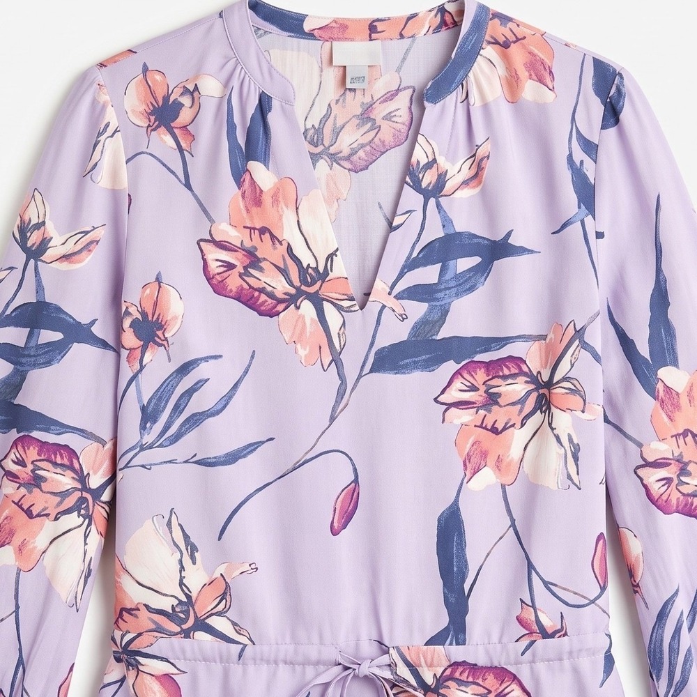 A New Day Floral Peplum Blouse Women S Purple Long Sleeve V Neck Drawstring Top - Picture 5 of 7